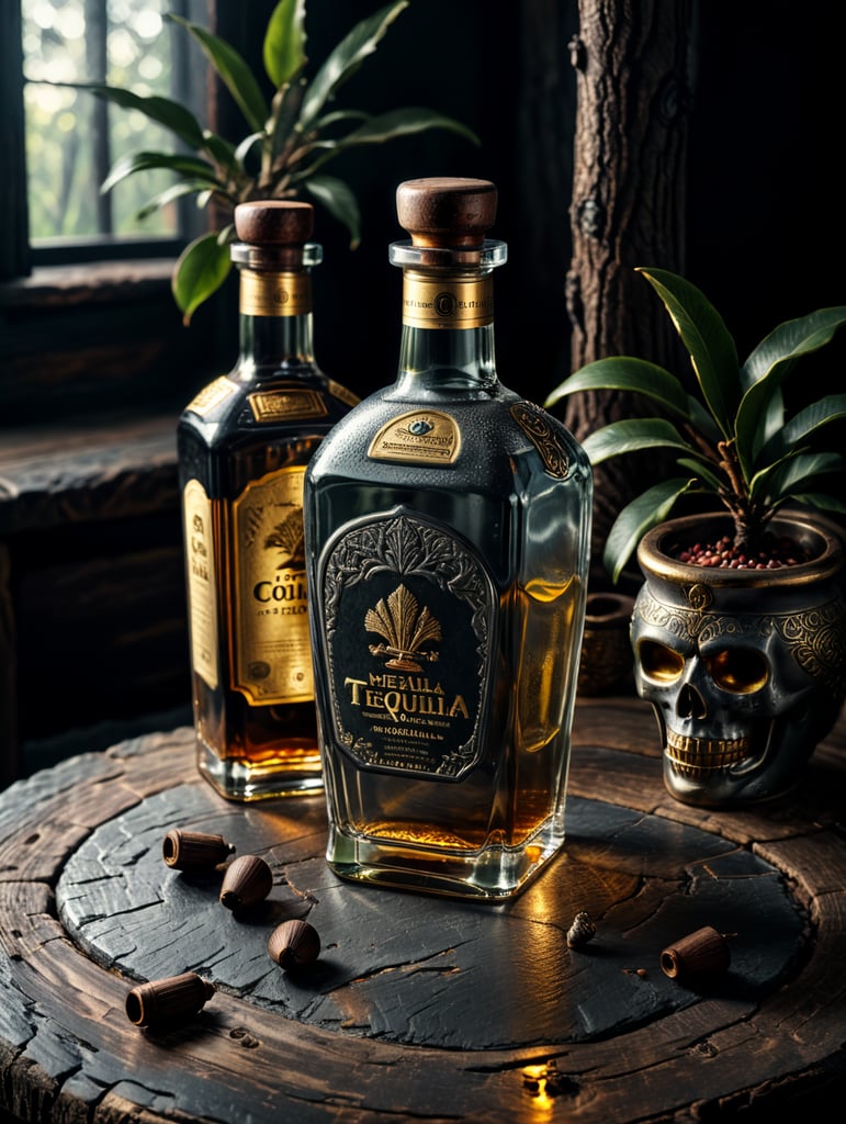 Quiero hacer una botella de tequila ancestral de cerámica de 700 ml. Con un tapón de metal dorado. Sobre una mesa de madera deben colocarse una botella y unas ramas de arbol . Queremos que la marca sea fiel al antiguo estilo prehispanico.