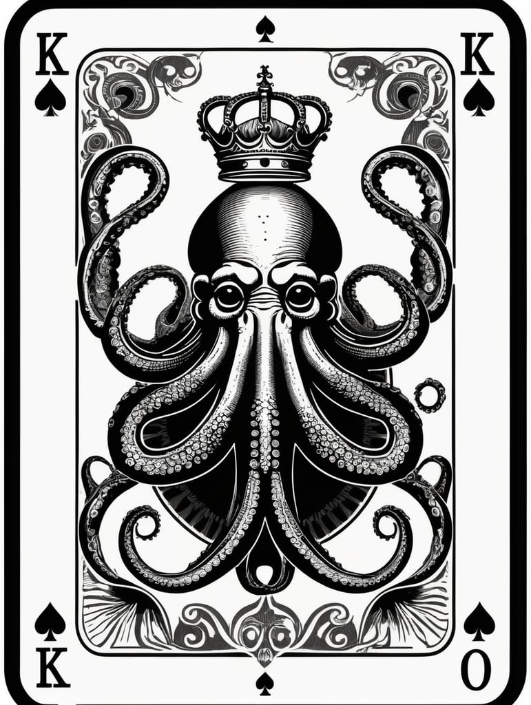 king octopus of clubs playing card, face card, linocut art style, black ink, ultra realism, simple lines, vector