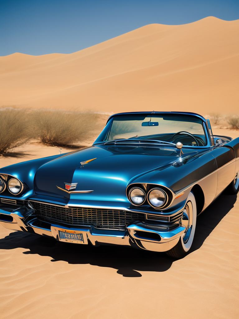 Blue cadillac eldorado 1959 in the desert, dunes on the background, Sunny day, Bright and rich colors, Detailed image