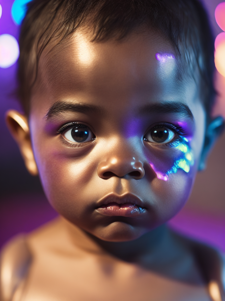 a hyper realistic image in 4K of a open eyed baby face that looks wears a second skin made of liquid metal glass on her face that shines in neon colors and melting away, similar to an instagram filter