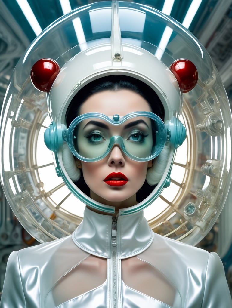 Photography in a vintage sci fi transparent space ship, 60's gorgeous nurse woman in a glossy satin white coat, wearing a large transparent plexiglass mickey mouse helmet glasses, 80 degree view, art by sergio lopez, natalie shau, james jean and salvador dali