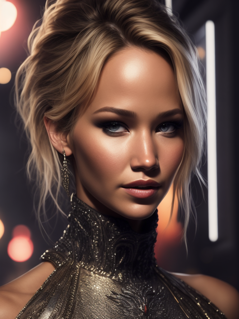 Jennifer lawrence as Victoria's Secret model walking down the catwalk, high definition, photography, cinematic, detailed character portrait, detailed and intricate environment,
