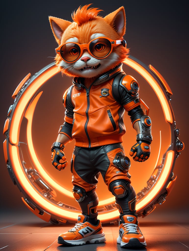 Orange cute style mascot wearing stylish futuristic sports clothes, big sneakers and a futuristic glasses ,have fangs