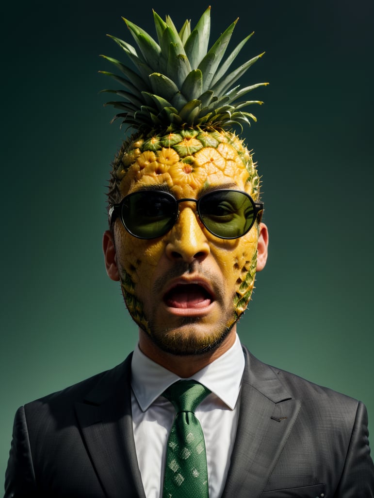 A man in a business suit with a pineapple for a head, green background, sunglasses, isolated