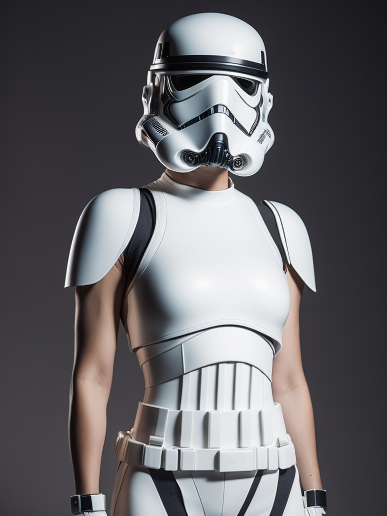 Fit girl in a stormtrooper outfit, exposed belly, large breast, full body, Dramatic Lighting, Depth of field, Incredibly high detailed