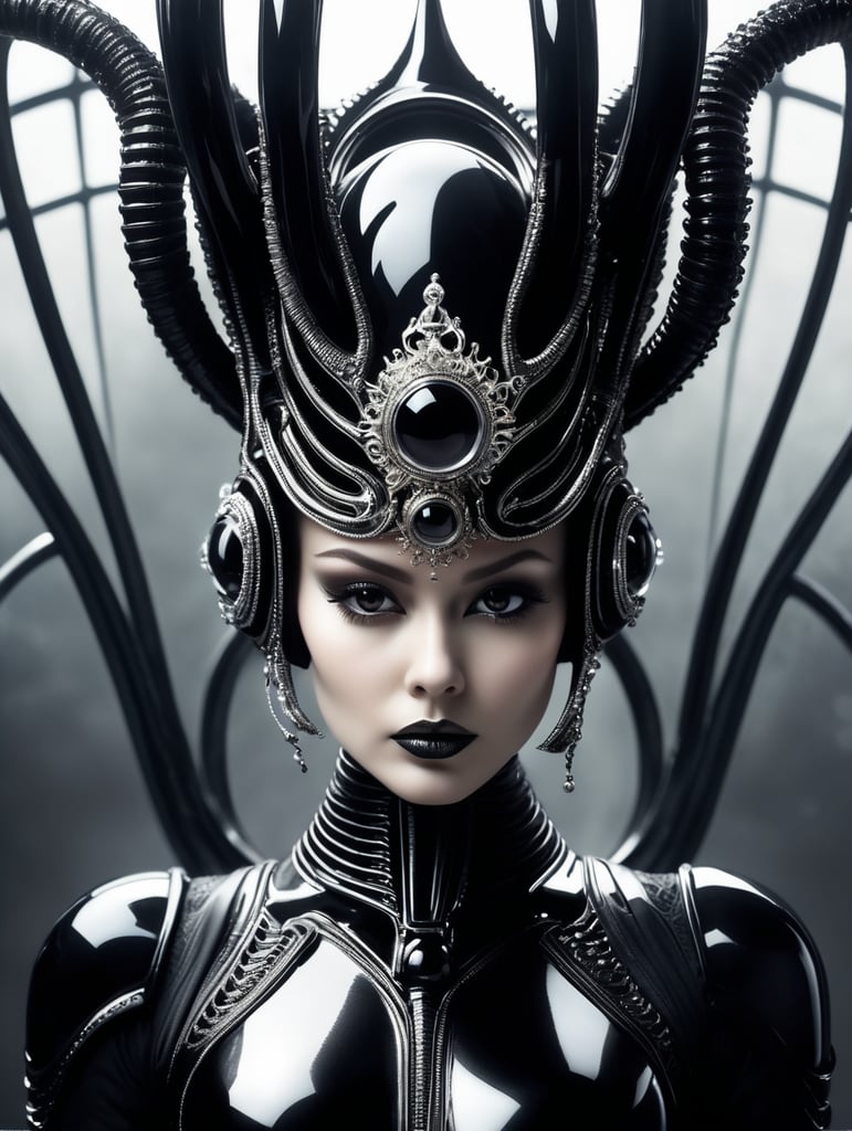 h.r. giger humanoid octoupus king-queen with crown futuristic glass black suit elegant scene futuristic glass design glass melting mask spider tiny eyes in crown mask -traslucent half mask glass vr and helmet fashion photography, sharp, small spheres floating background, editorial photography art sphere, floating, levitating, modern art, editorial photo, fashion photography