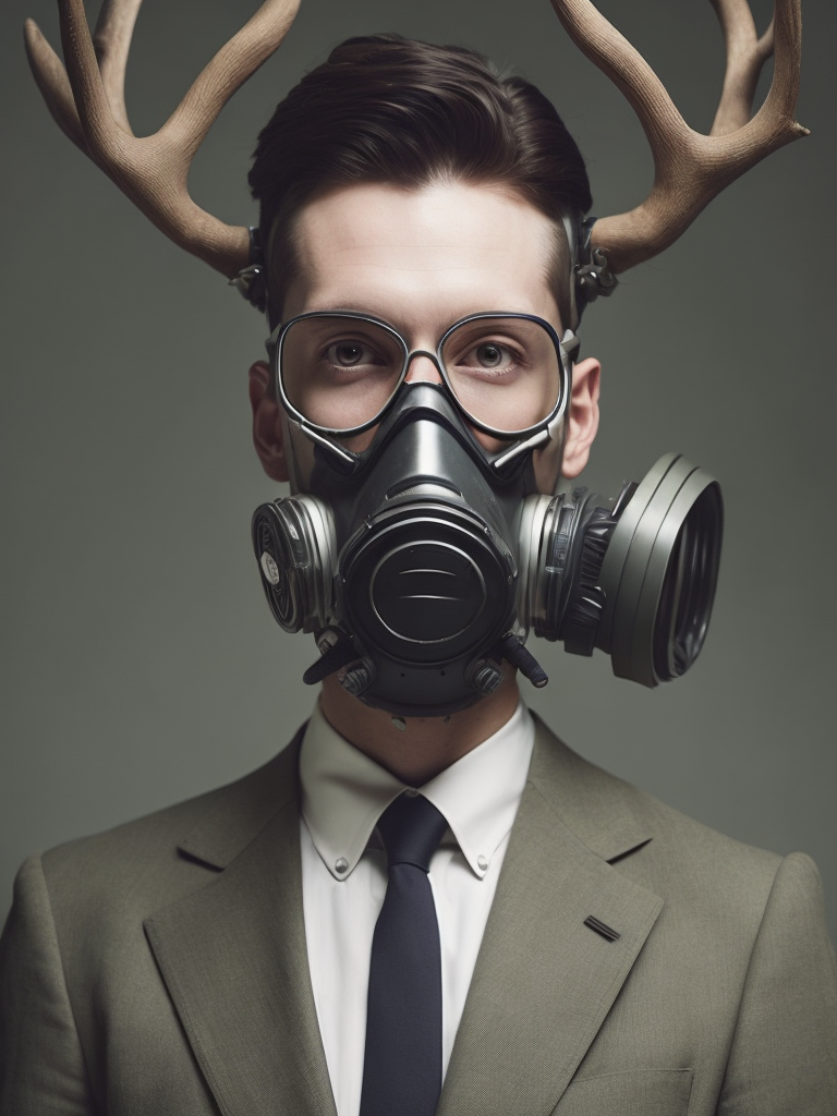 suit wearing people wearing gasmask and 12-point stag deer antlers protruding from the head : the mouth of the gas mask face is connecting to a respirator hose, postmodernist government archive portrait stanley kubrik wes anderson