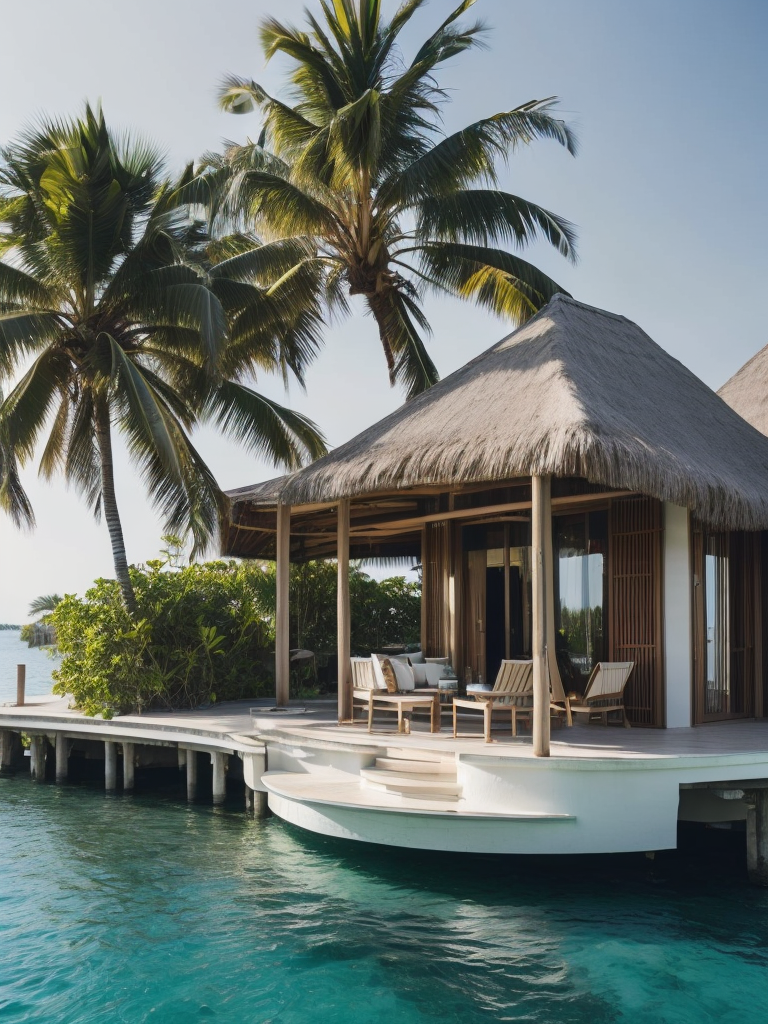 Over water villa in the maledives with the sun shining and some palms