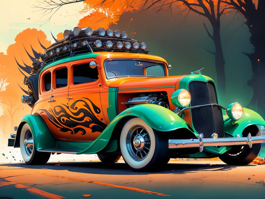 : A vector flat illustration of a classic car transformed into a Halloween hot rod, with stylized flames painted on the sides, a spooky skeleton driver, and eerie green headlights, capturing the spirit of Halloween excitement, Vector Flat Illustration, designed with vector graphics software to convey the fun and creativity of Halloween car decorations