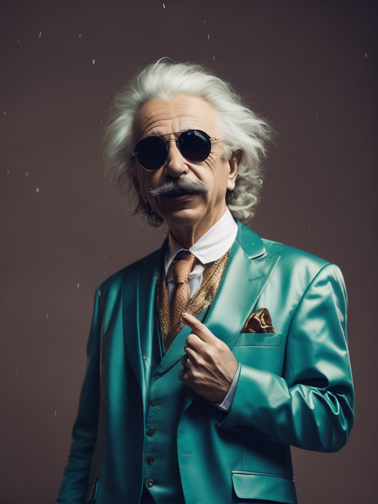 cinematic photo of Albert Einstein in rapper style. Dressed in a flashy suit, sunglasses perched on his nose, holding his Nobel Prize in his mouth like a true boss. Money raining down around him, crisp dollar bills fluttering in the air. A sleek sports car in the background, doors open, ready to ride. Einstein's confident smirk, a swagger in his stance, the embodiment of intellectual cool and unapologetic brilliance. 35mm photograph, film, bokeh, professional, 4k, highly detailed, vibrant, stunningly beautiful, high contrast, ultra-modern