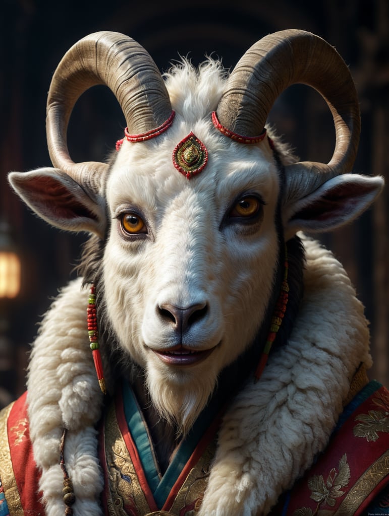 faun, fur skin, goat eyes, sheep lips, wearing asian clothing, only one pair of ears.