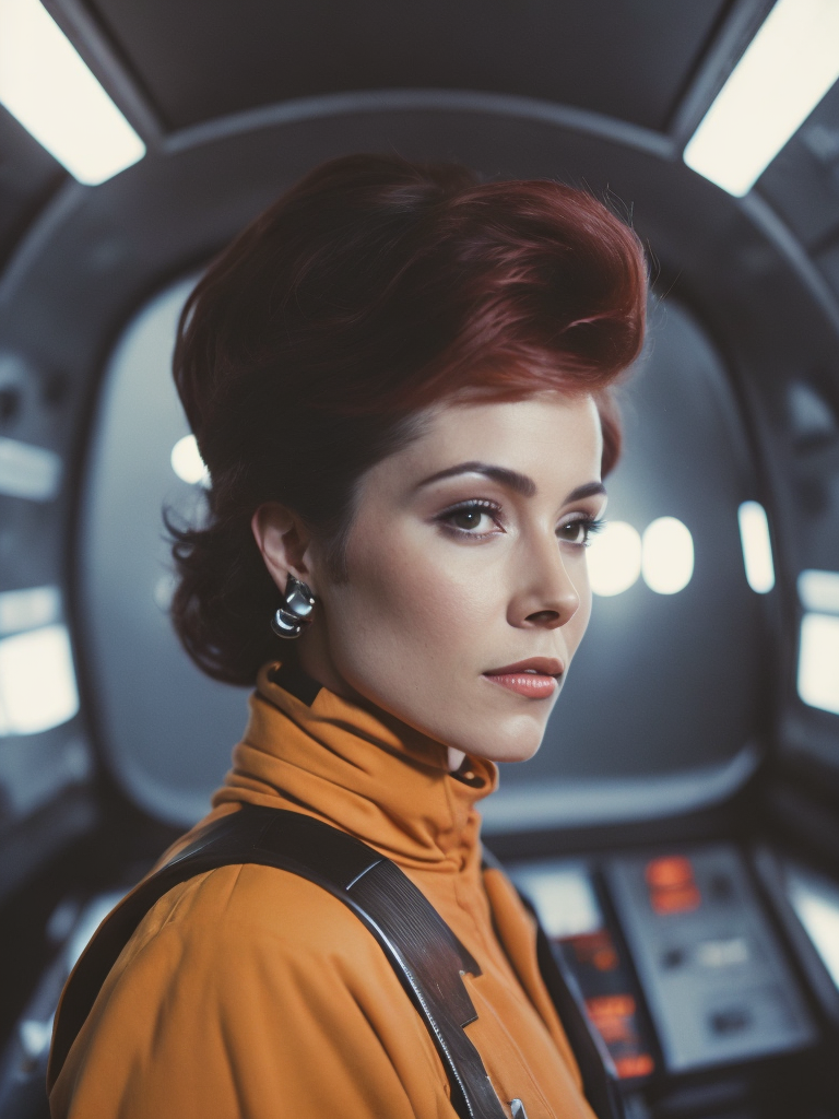 as a female cyborg, 70's sci fi, film grab, retrofuturistic, she's piloting a spaceship, 50mm, wide shot, fully body shot, Kodachrome, 1977, visible film grain