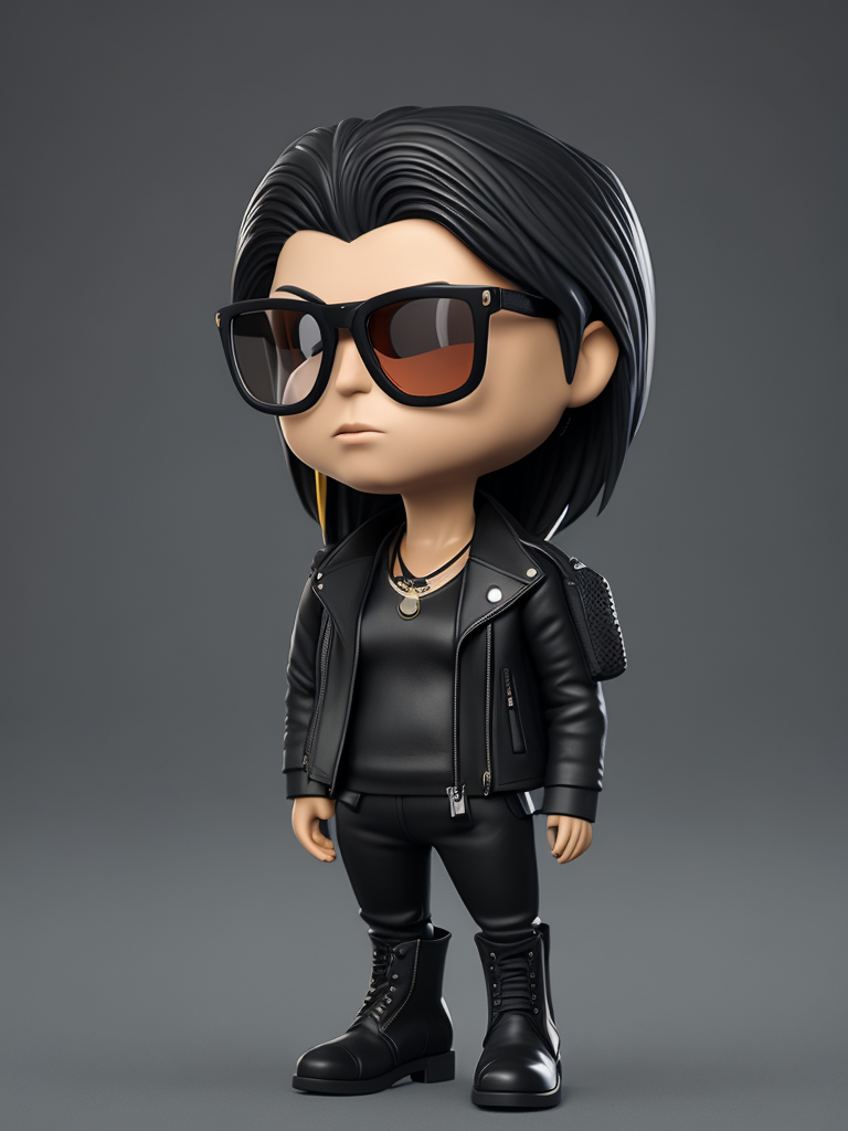 Full body Plastic figurine of a brutal chick, black glasses, leather jacket, black boots, 3d octane render, funko pop,