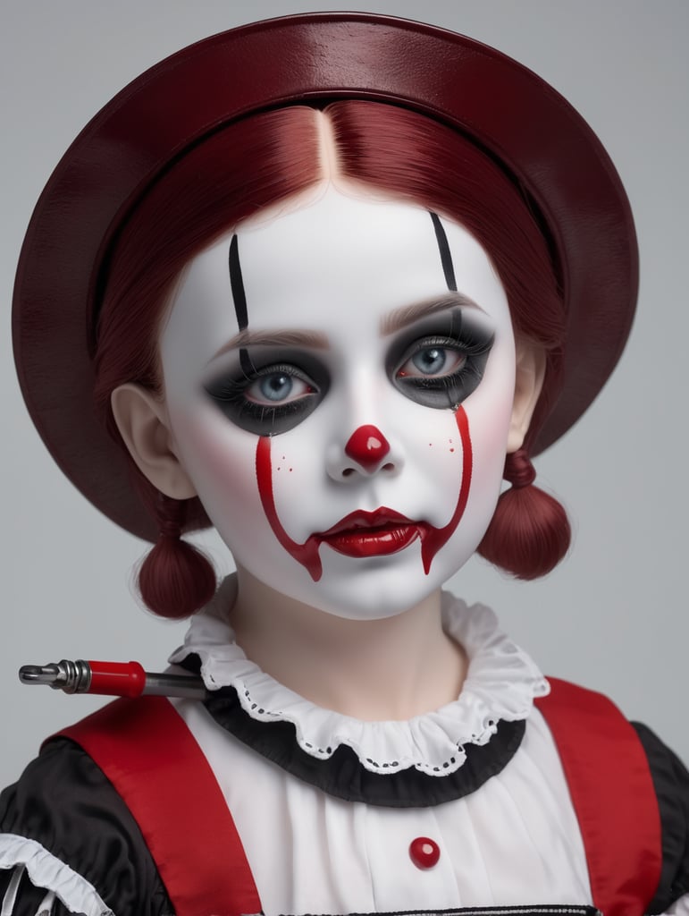 3d gothic porcelain doll as mimes with tears of blood hyper realistic 8k holding a pipe wrench