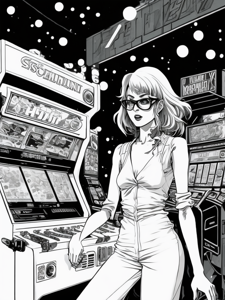 Vintage 90's anime style environmental wide shot of a chaotic arcade at a woman wearing glasses playing an arcade by hajime sorayama, greg tocchini, virgil finlay, sci-fi. line art. environmental arcade art.