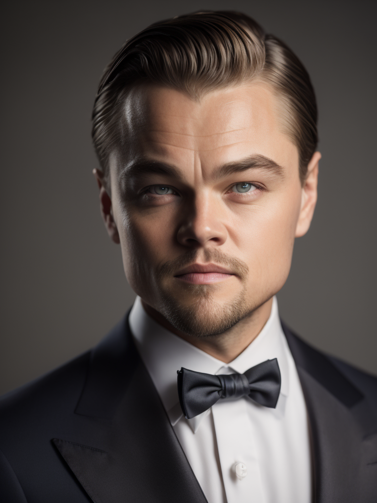 Portrait of Leonardo DiCaprio in a bow tie tuxedo, contrasting light, detailed face, muted tones