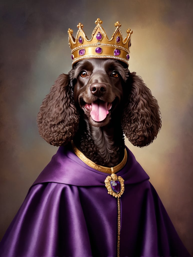 happy standard merele colored poodle smiling brown eyes royal dark purple cloak crown painted in Raphael style renaissance art brush strokes darker lighting dog portrait