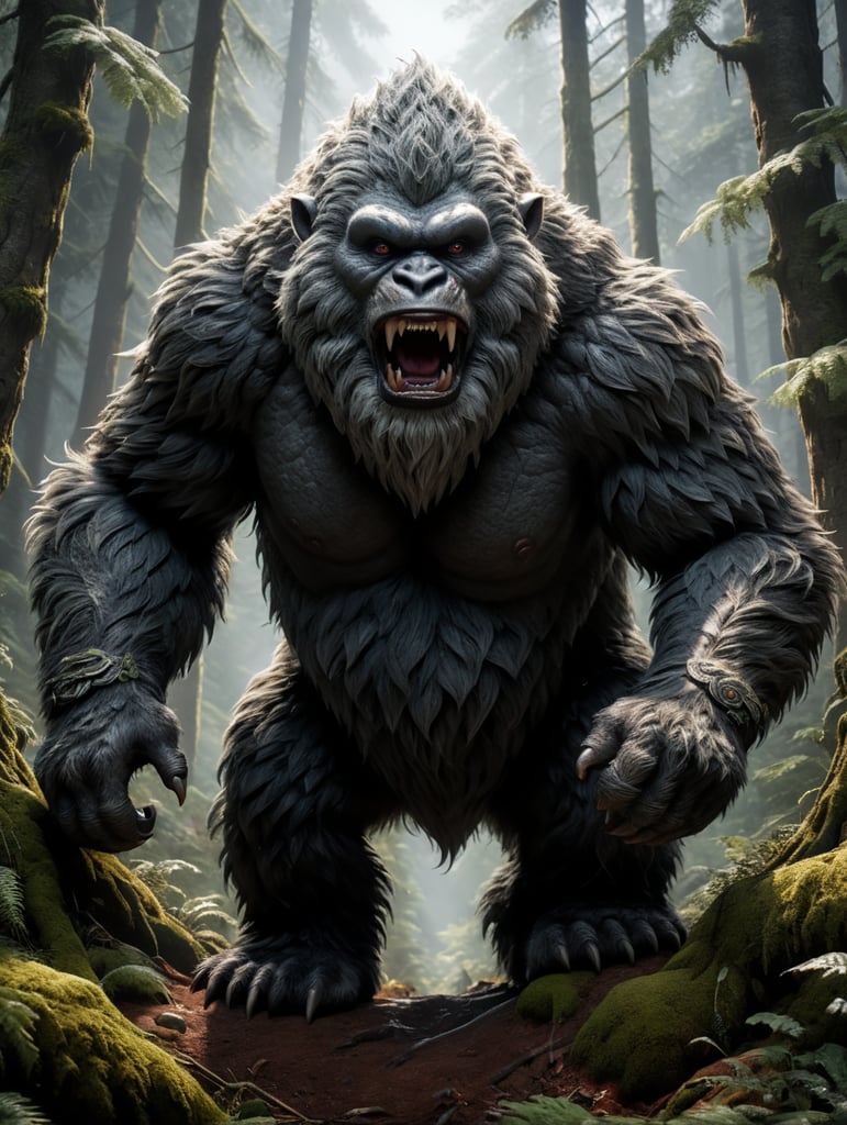 create a hyper real small yeti in in a forest