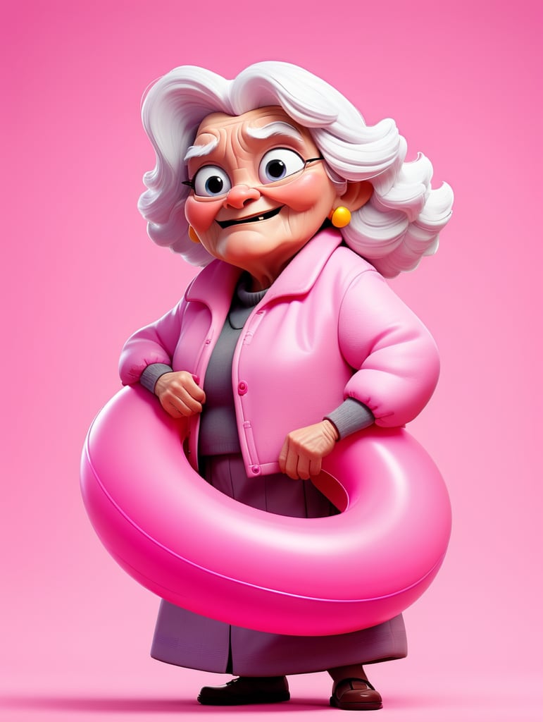 Pretty old women wearing a pink with a pink inflatable ring, isolated on a pink background