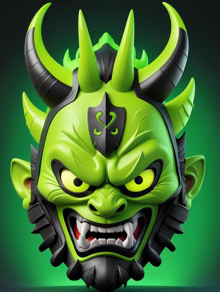 Illustration of a demon mask, demon samurai mask, oni mask, neon green oni mask, samurai mask, samurai, demon samurai, demon samurai warrior, oni horns, cartoon, 3d render, soft shadows, cartoon, pixar, videogame character, neon green and black, close up