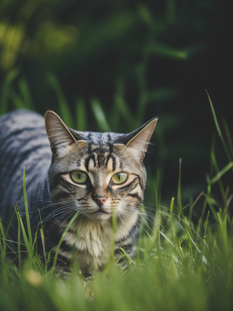 raibs kaķis zaļā zālē