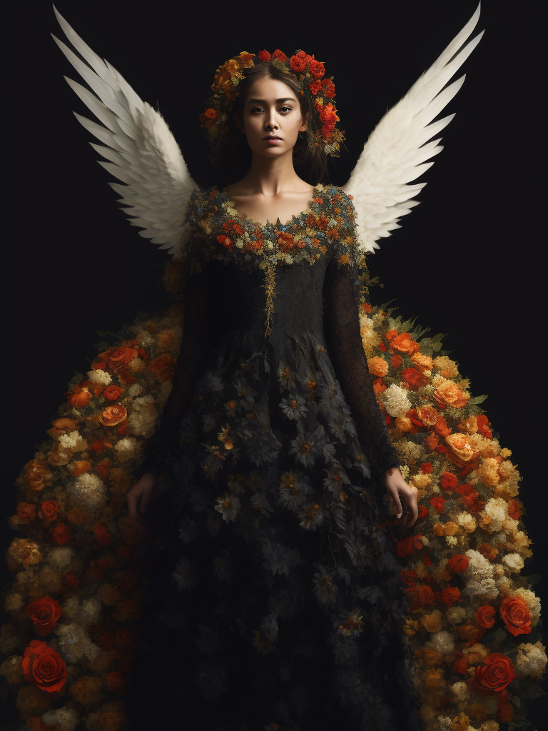 A black background half body portrait of an angel in a dress made of flowers by zdzisław beksiński and steve mccurry and yoshitaka amano, in style of digital illustration art, rembrandt lighting, hyper detailed, sharp focus