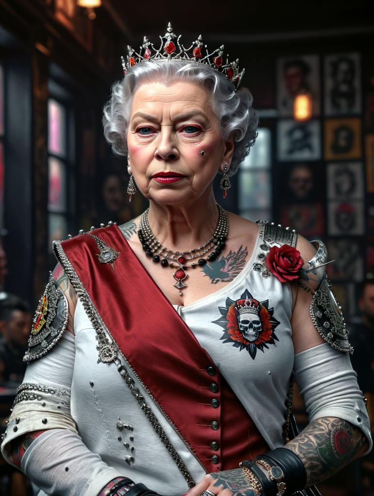 Queen Elizabeth as a punk rocker, full face, tattoos, piercing