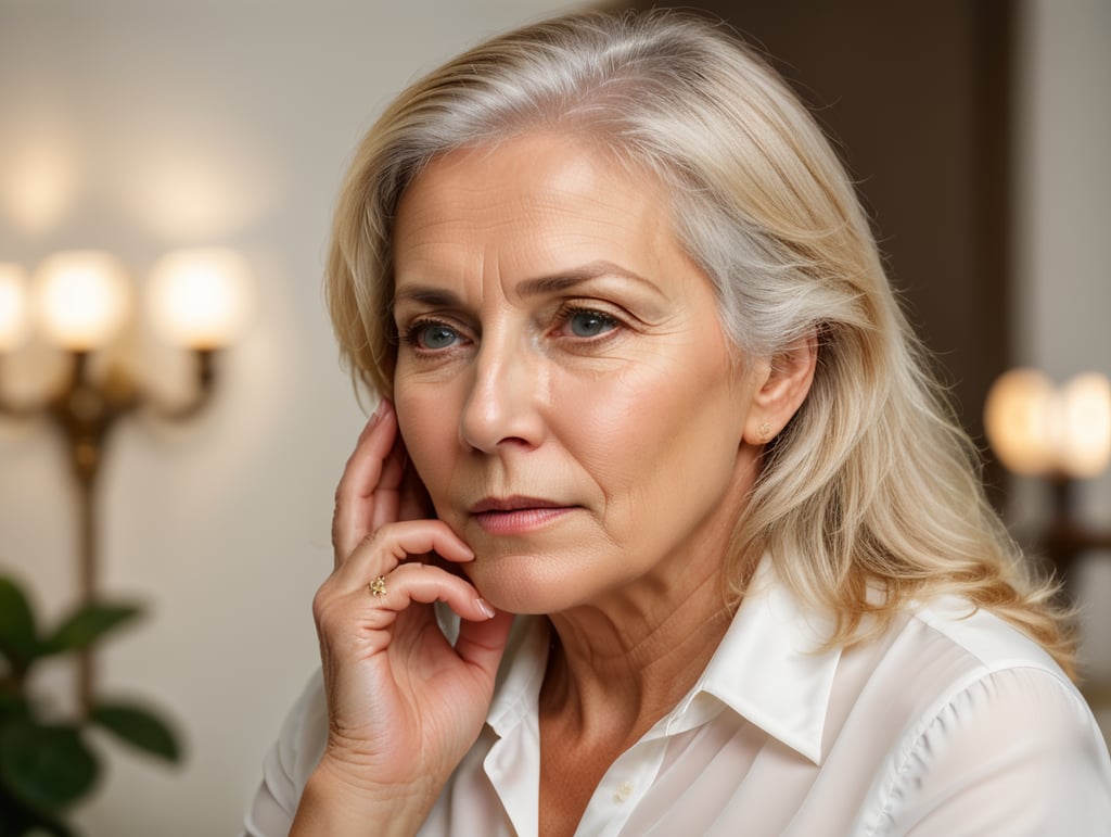 Blonde middle aged woman ponders on something keeps hand near face, white hair, white blouse, mature women, pretty old women, isolated, white background