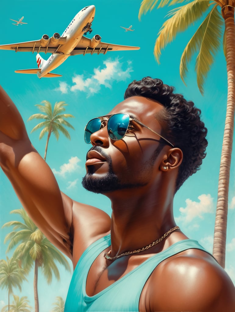 Pin up art, portrait, a black man raised his head up, looks at the sky, sunglasses, one airplane flies in a clear sky and leaves a mark, summer, palms around, palms reflected on a sunglasses, turquoise shades, style by Gil Elvgren