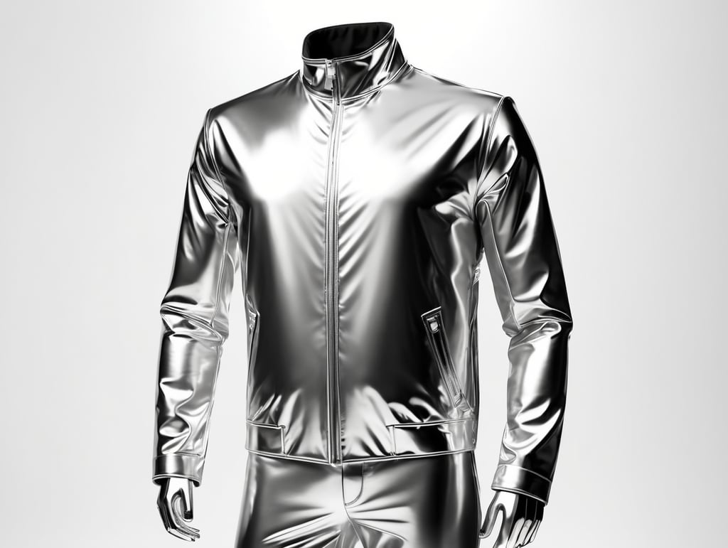 A realistic photo of a chrome shiny jacket on a invisible mannequin, coverall with reflective material, isolated, white background