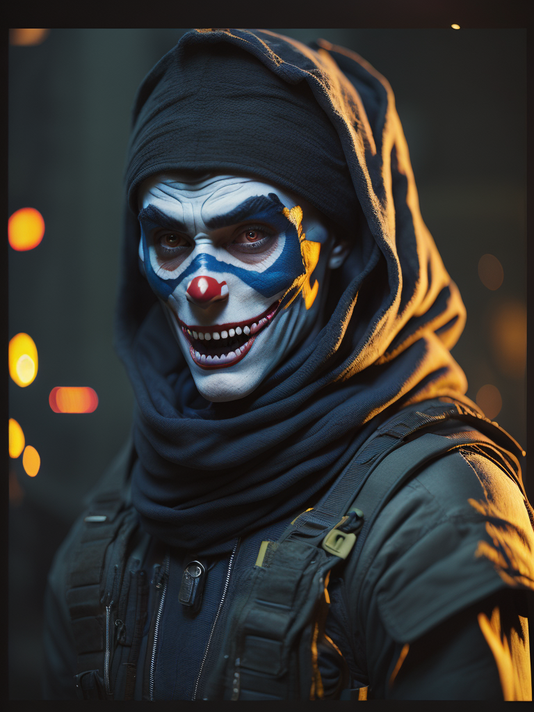 portrait of terrorist with plastic clown mask on face, CS:GO, counter-strike Agent, dark, deep, scary, crazy, hyper realism, ak-47, neon light photorealistic, raytracing, Unreal Engine, Cinematic, Ultra Wide Angle, Depth of Field, hyper detailed, crazy details, intricate details, Cinematic, ((epic))