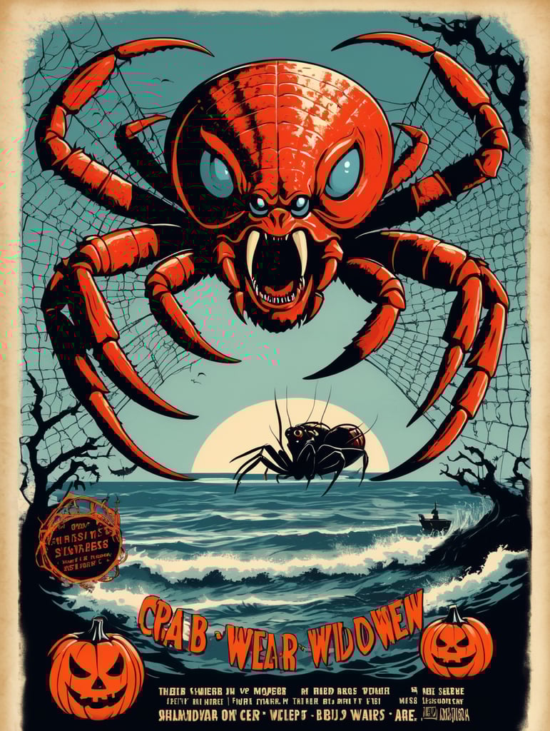 1950's b-movie horror halloween t-shirt print design featuring a giant crab and black widow spider, spider webs, ocean, spider eggs