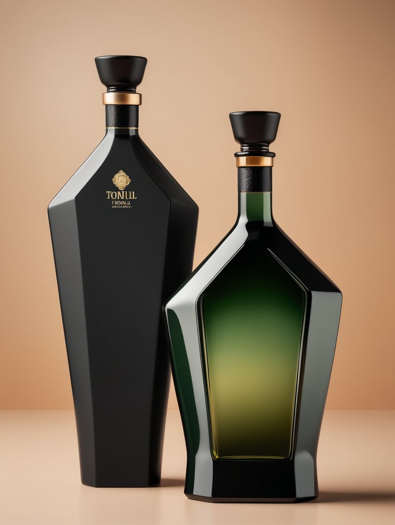 botella de tequila luxury de material ceramico negro con difuminado verde y ambar hexagonal y alta sin etiquetas, tapadera de con textura de basalto, mockup, mock up