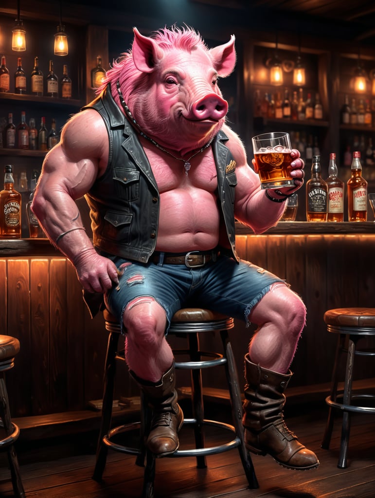 A pink hog sitting on a bar stool drinking a glass of whiskey