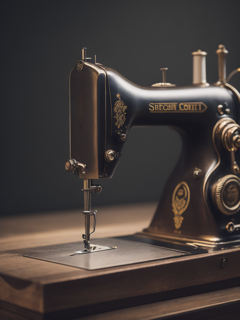 Vintage sewing machine, sharp focus, highly detailed, Dark gradient background, Muted colors