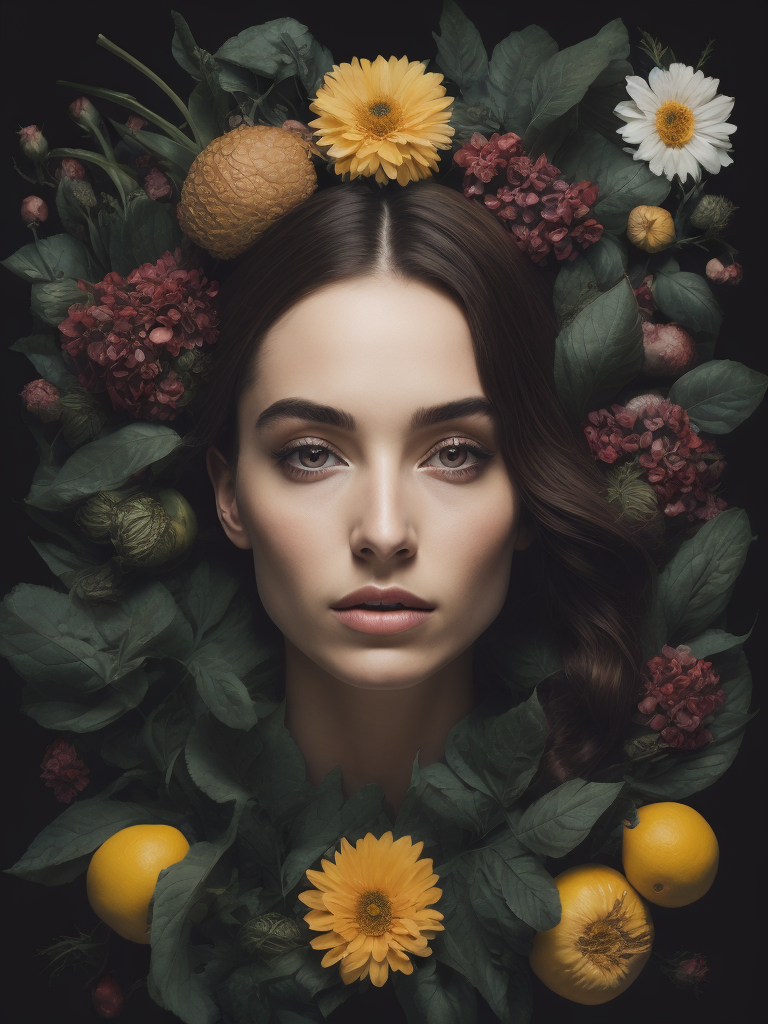 a painting of a woman's head surrounded by flowers and fruit