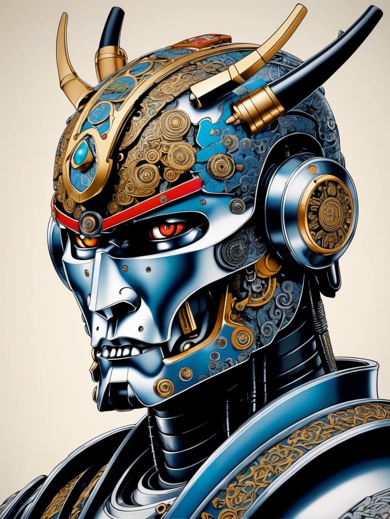 Detailed pen and ink illustration of a samurai robot cyborg, head only, detailed anthropology, minimalist background, by herge, in the style of tin-tin comics, colorful, detailed, high quality