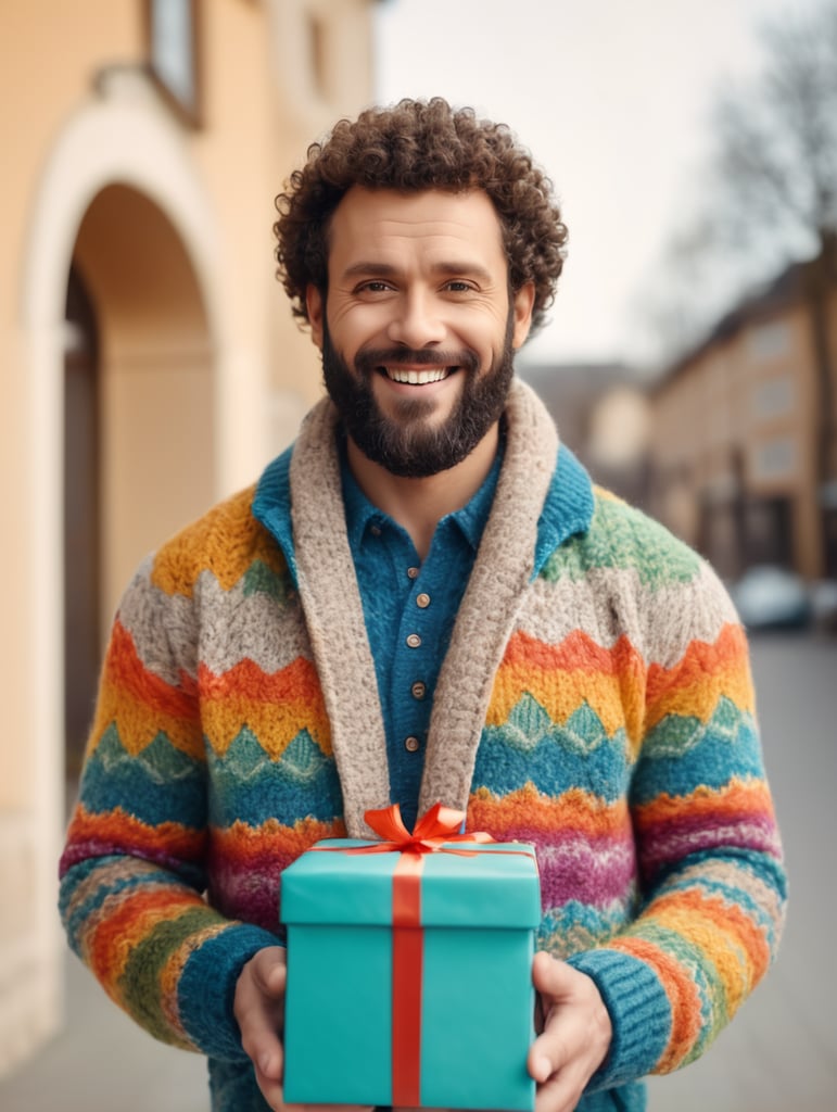 portrait of a bearded curly man wearing coloured knitted jacket, stands front camera with gift box his hand, happy birthday images, spring time