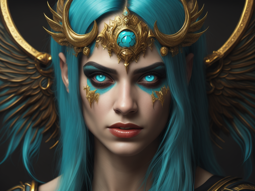 russian girl demon devil face, zombie eyes, turquoise hair, gold diadem, blue turquoise, hell, black wings, manga style