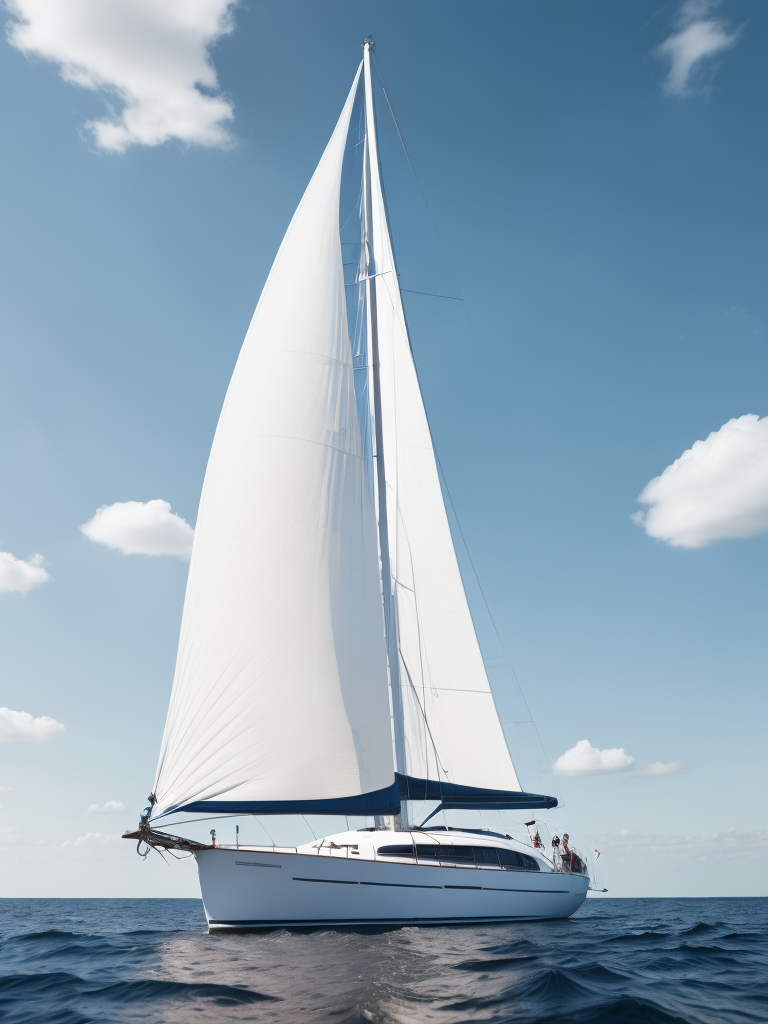 A white sailboat in the sea, sunny day, photorealistic, high detail, landscape, ultra hd, concept art, contrast light, deep colors, vibrant colors