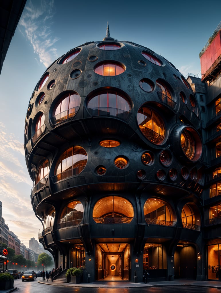 the craziest, bentwood, far view lens architectural modern style hyper realistic hyper detailed neocosmic exterior architecture design of a wasp Fluid complex facade, geometric shapes spectrum, black::1 red:3, Antoine Blanchard architecture art style, in new York city, dramatic ambient, natural lighting