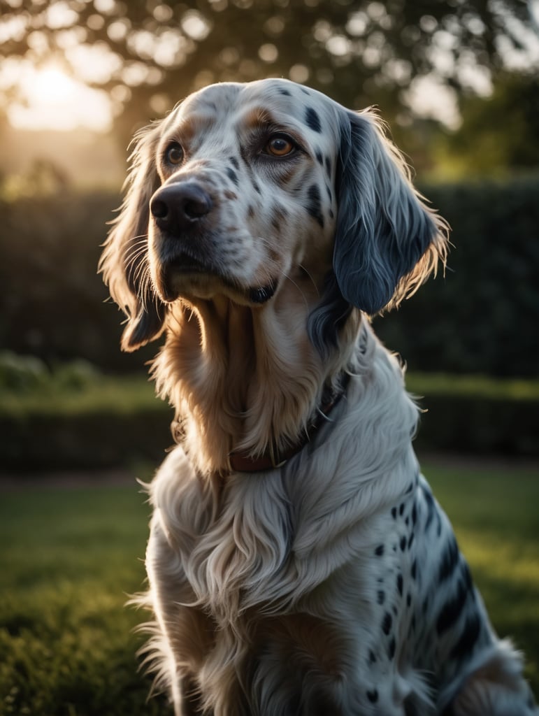 English setter dog sitting in the rose garden. Evening, warm light reflections. Long hair on the ears