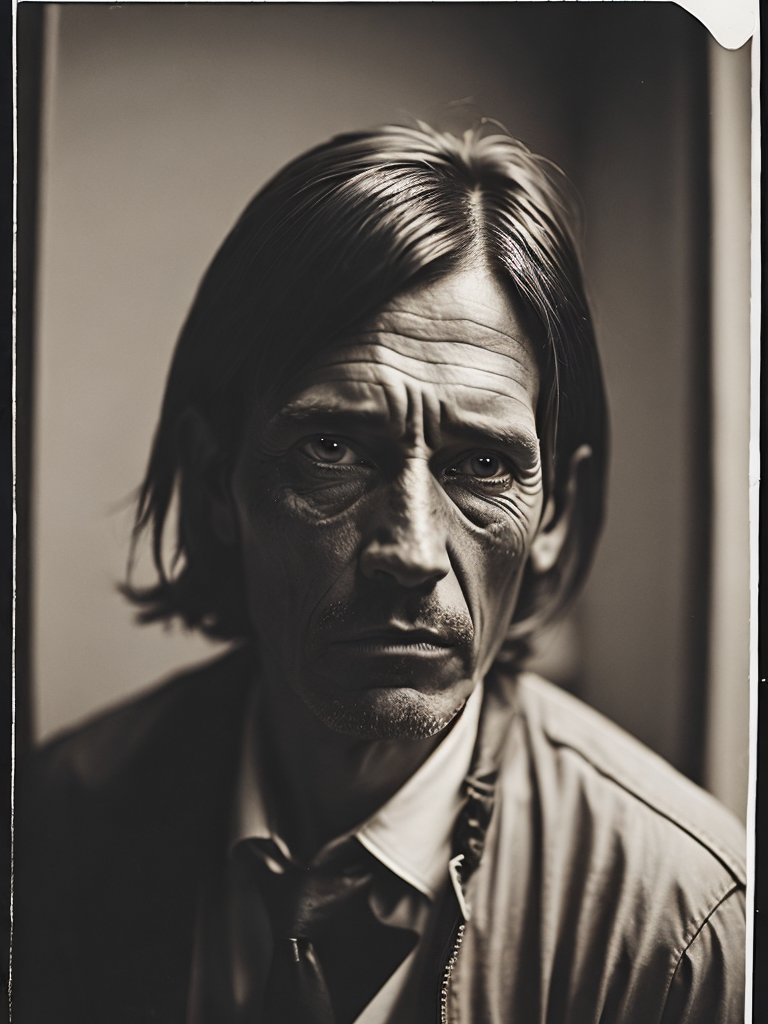 a wet plate photograph of a blind scary man farmer with dark bob haircut, neutral emotions on his face