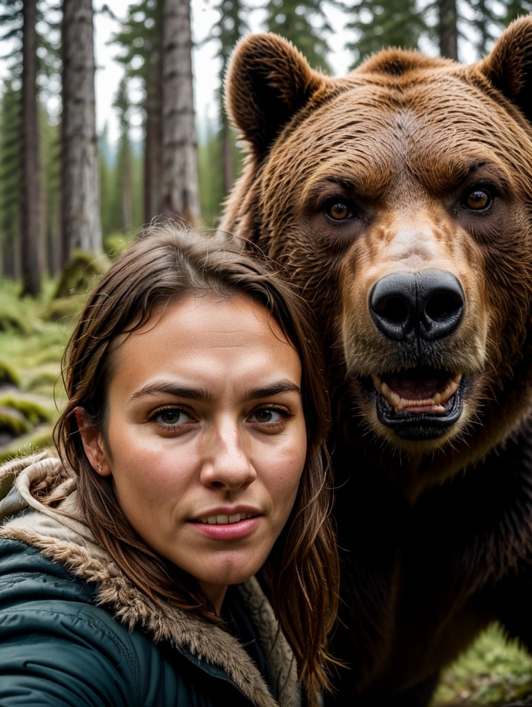 a young women adventurer makes selfie with angry grizzly bear in Canada, British Columbia, forest location