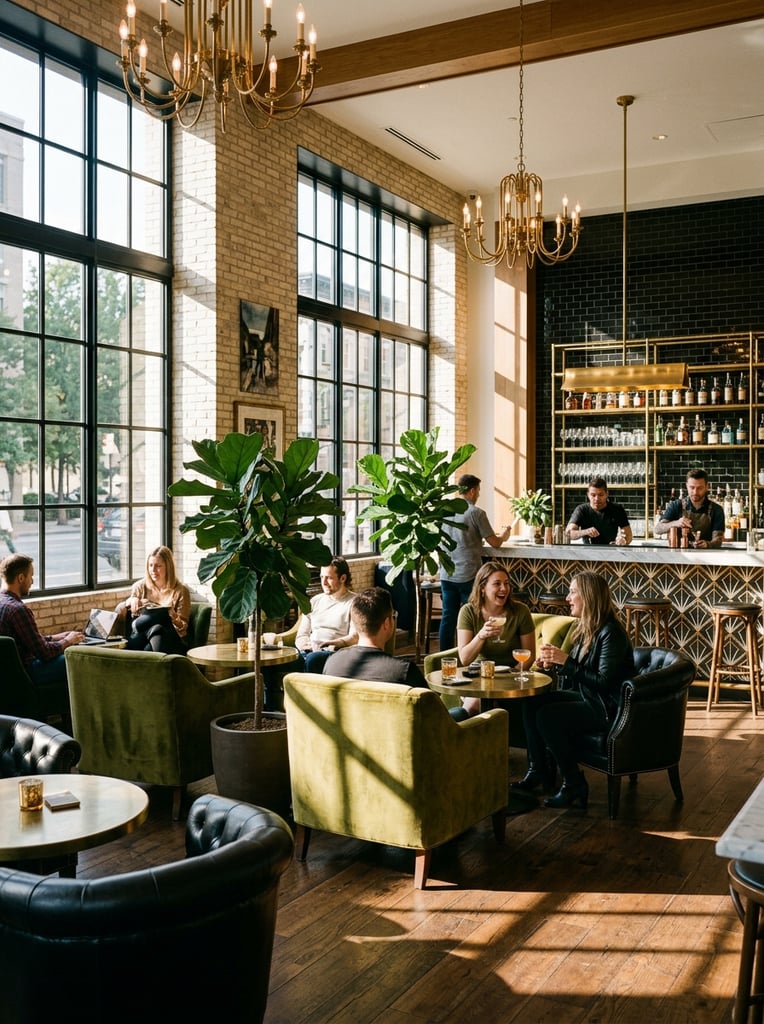 A sunlit upscale lounge with large grid windows, exposed light brick walls, and brass chandeliers. Olive green velvet armchairs, black leather seats, and round brass tables are arranged around potted ficus plants. A bar with a patterned tile front and dark subway tile backsplash anchors the background. Warm natural sunlight casts dramatic shadows across the wood floor.