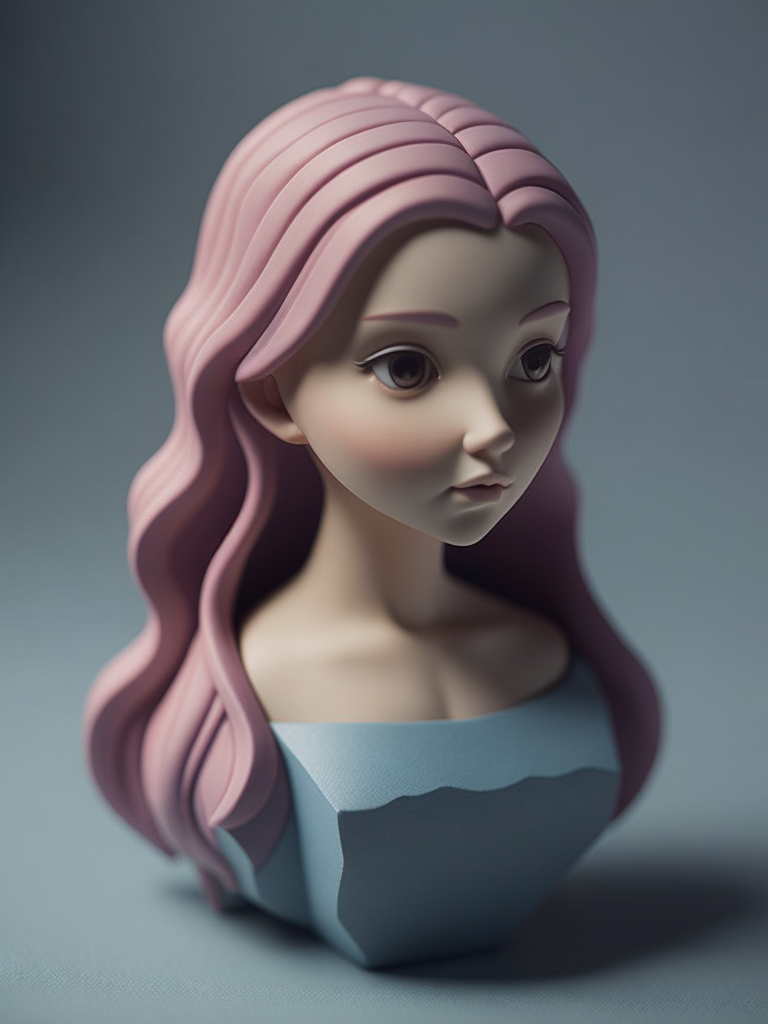 Centered, very cute, isometric view, unique clay 3d icon curved low poly, a girl, 100 mm, Pastel colors, 3d blender render, Neutral blur background, Centered, matte clay, Soft shadows, Cute, pretty, curves