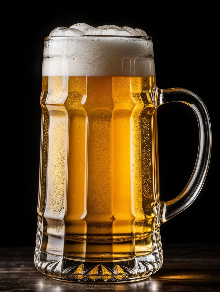glass beer mug, isolated, black background, professional photo