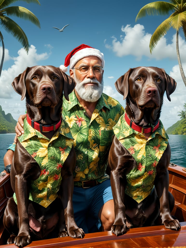 Two all chocolate color labs on a boat with Santa Claus in a tropical print shirt.