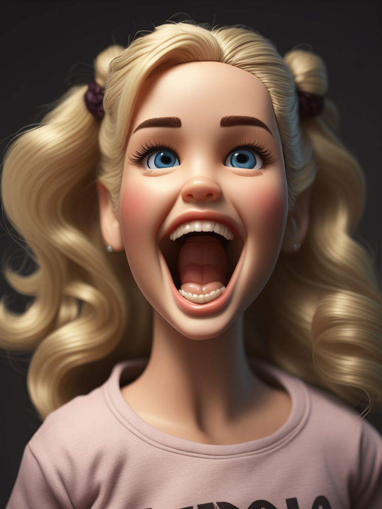 winking happy photo realistic messy blonde barbie doll with two side pigtail in t-shirt and open mouth