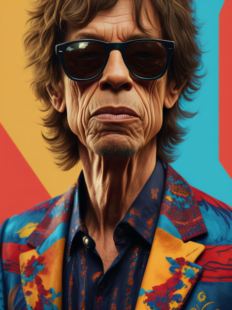 Mick Jagger wearing a brightly patterned jacket and wayfarer glasses, Vivid saturated colors, Contrast color, face in the center of the picture